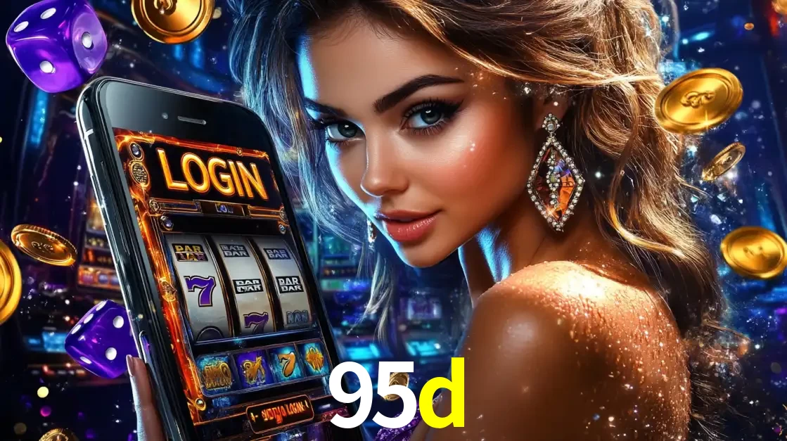 Mulher glamorosa segurando um smartphone com a tela de login para os jogos de caça-níqueis do cassino online 95d, com moedas de ouro e dados ao redor.