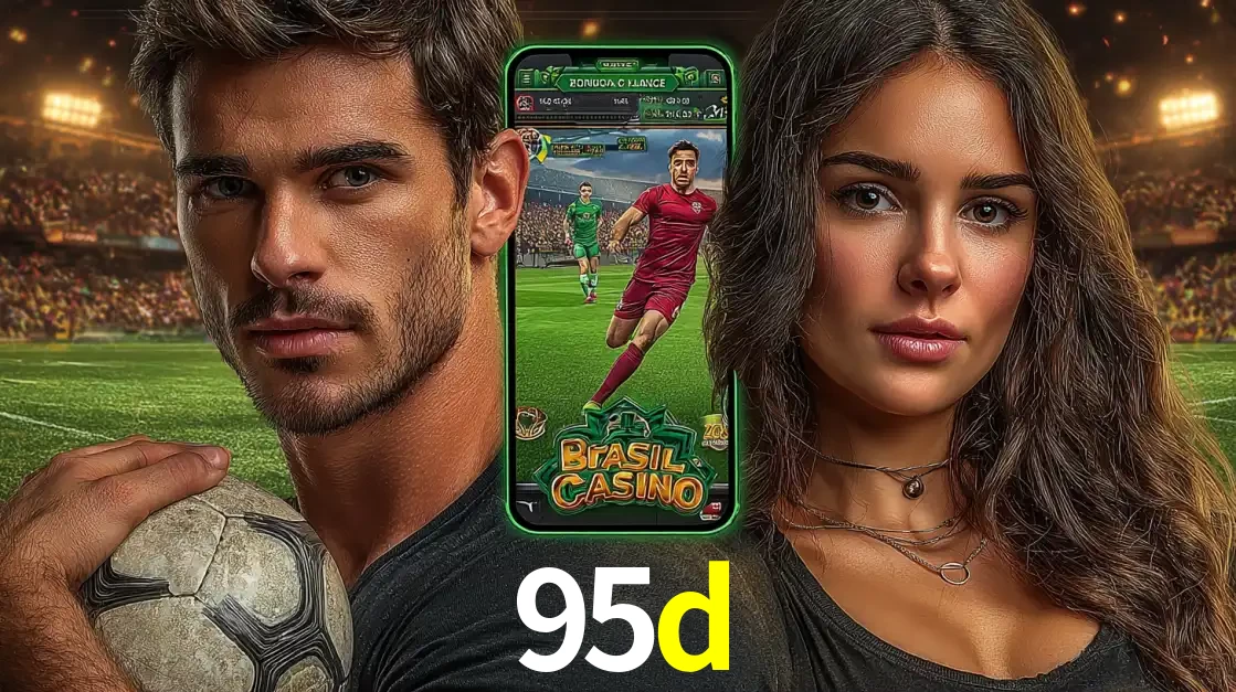 Homem segurando uma bola de futebol e uma mulher ao lado de um smartphone exibindo o jogo de apostas esportivas da 95d. Faça seu palpite no cassino online.